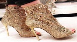 Bling Bling Peep Toe Stiletto Thin High heels Boots Peep Toe Crystal Sandal Boots Glitter Rhinestone Laceup Short Ankle Booties9484333