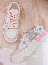 Casual Shoes Pink Sneakers Autumn Version Platform Strap Women Heavy Industry Rhinestones Sequins Low-top Round Toe Canvas