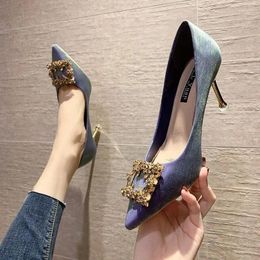 Dress Shoes Square Button Pumps For Women High Heel Female Fashion Crystal Sexy Pointed Toe Wedding Stiletto Heels