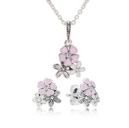 Authentic 925 Sterling Silver Pink Enamel flower Pendant Necklace Earring Set with box for Jewellery Womens Earrings1229042