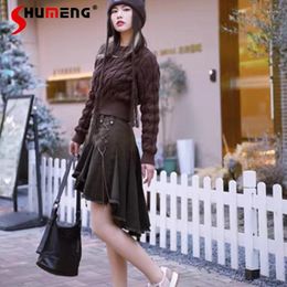 Skirts Japanese Style Y2k Black Irregular Woven Short Denim Skirt Female Punk Petite Girl Cool Kawaii Mini Women