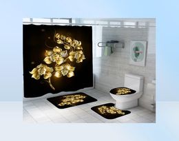 Shiny Blue Golden Rose Waterproof Shower Curtain Set Toilet Cover Mat Nonslip Bath Rugs Bathroom Valentine039s Day Christmas De4402225