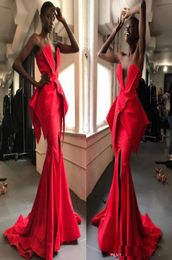 Sexy Runway Fashion Red Mermaid Evening Gowns deep vneck Peplum South African Prom Dresses Cheap Formal Party Vestidos Custom Mad5098233