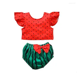 Clothing Sets Baby Girl 2 Piece Summer Outfits Round Neck Sleeve Dot Print Tops 3D Bow Watermelon Shorts Infant Toddler Set