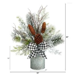 Decorative Flowers 20" Holiday Winter Greenery Artificial Pine Plant In Tin Vase