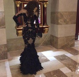 Luxury Black Feather Prom Dresses With Long Sleeves Sheer Champange Arabic Evening Gowns Real Tulle Mermaid Formal Dresses Gowns P5364443