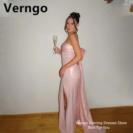 Party Dresses Verngo Blush Pink Satin Prom Gown Strapless Mermaid Birthday Dress For Women Simple Bow Evening Slit Formal