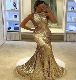 2019 New Elegant Long Gold Sequined Prom Dresses Jewel Mermaid Evening Dresses Floor Length Special Occasion Gowns Cheap Vestido D8369895