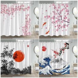 Ink Landscape Shower Curtain Pink Cherry Blossom Floral Carp Bamboo Sea Waves Japanese Art Bathroom Curtains Fabric Home Decor