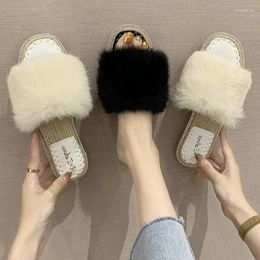 Slippers Ostrich Furry Women Cane Knitted Open Toe Slides Sew Hairy Pantuflas De Mujer Korean Non-slip Crystal Espadrilles Flats
