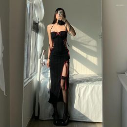 Casual Dresses Dark Sexy Style Cutout Lace-up Waist-Controlled Sling Dress Women's Autumn Elegant Adult Lady Like Woman High Waist Slit