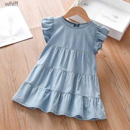 Girl's Dresses Girl Dresses 2024 Baby Girls Summer Denim Dress Short Sleeves Loose And Round Neck Soft Comfort Casual Clothes For Kids 2-8 Year C240413