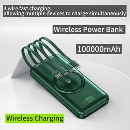 4-wire power bank with built-in 100000mAh cable, suitable for Apple Android TPC phones, ultra-thin portable mobile power supply