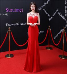 2020 Red Long Mermaid Evening Dresses Scoop Neck With Crystal Sleeveless Prom Gowns For Party Dress5148822