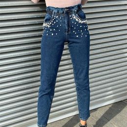 Women's Jeans Streetwear Rhinestone Fashion Slim Fit High Waist Tight Elastic Pencil Pants Female Casual Trousers 2024 W840
