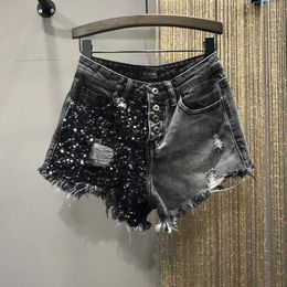 Summer Sequin Denim Shorts Womens High Waist Large Size Hole Fashion Patchwork Shorts Girls High Street A-line Pants 240408