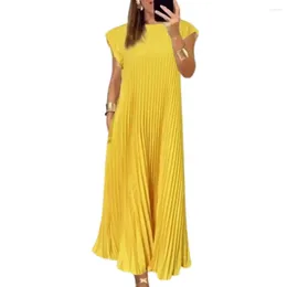 Casual Dresses Round Neck Dress Elegant Maxi With Side Pockets For Women Breathable A-line Summer Vacation Wear Solid Color