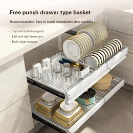 Kitchen Storage 2024 Household Bowl Tray Rack With Built-In Drawers Adjustable Layered Sliding And Pulling Basket
