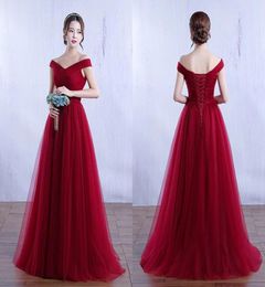 Romantic Burgundy Off Shoulder Long Bridesmaid Dresses Tulle Pleated Laceup Back Wedding Party Gowns Cheap BM01589932092