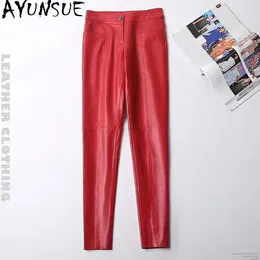 Women's Pants Leather AYUNSUE Spring Autumn Slim Sheepskin Pencil Ladies Mid Waist Skinny