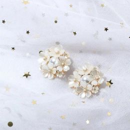 Stud Earrings Personality Retro Alloy Women Jewelry Shell Rhinestone Female Pearl Flower Korean