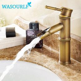 Bathroom Sink Faucets WASOURLF Basin Faucet Vintage Style Brass Single Handle And Cold Luxury Gold Color Tap Bamboo Special Design