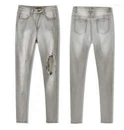 Women's Jeans Jeanswomen's Street Light Grey High Waist Elastic Slim Fit Worn Hole Tassel Denim Pencil Feet Pants