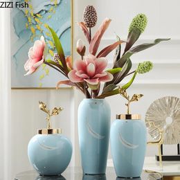 Vases Modern Minimalist Ceramic Vase With Lid Artificial Flower Arrangement Floral Decoration Crafts Creative Desktop