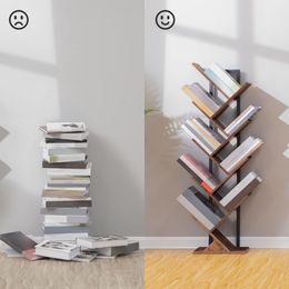 Tree Bookshelf, Floor Standing Storage Rack, 9-Tier Bookcase Wooden Shelves