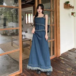 Casual Dresses Large Size 5XL Denim Long Sling For Women Summer Female Sleeveless Loose A Line Blue Vestidos Tassel Beading Robe