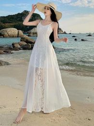 Casual Dresses Vintage White Sleeveless Backless Lace Fairy Long Dress Women Summer Streetwear Elegant Party Evening Slip Vestidos Chic