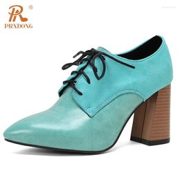Dress Shoes PRXDONG Fashion Spring Summer Women CHunky High Heels Pointed Toe Black White Lace Up Party Female Pumps 34-45