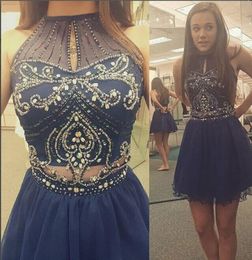 Sparkly Two Pieces Homecoming Dress Turquoise Tulle Short School Formal Aline Halter Crystal Sheer Navy Blue Prom Dress4887124