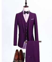 Three Piece Purple Men Suits for Wedding Groomsmen Wear Trim Fit Custom Made Groom Tuxedos Evening Dinner Suit Jacket Pants Vest8824055