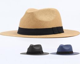 New Summer Beach Hat Men Women Black Band Straw Hat Flat Brim Fedoras Panama Male Female Wide Brim Sun Beach Cap6273301