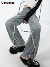 Women's Jeans Yitimuceng High Waisted For Women Spliced Vintage Streetwear Cuffs Loose Straight Wide Leg Woman Y2k Denim Pants
