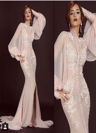 High Neck Long Sleeve Blush Pink Polka Dot Tulle Mermaid Evening Dress Saudi Arabia Long Formal Gown with Lace Appliques5587873