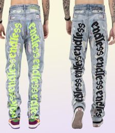 Firmranch Back Letter Embroidery Jeans For Men Ins Street Broken Hole Homme Loose Endless Denim Pants Moto Trouse4919995