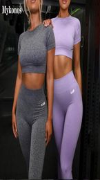 Fashion Logo Sport Set Women Gray Purple Two 2 Piece Crop Top High Waist Leggings Sportsuit Workout Outfit Fitness Gym Yoga Sets6165879