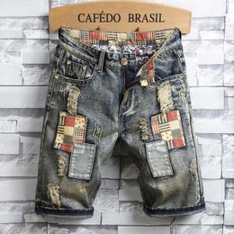 Brand Mens Retro Style Ripped Denim Shorts 2024 Summer Fashion Casual Hole Patch Jean Male Clothes 240409