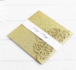 Gold glitter wedding invitation with RSVP envelop belly band pocket fold invitations wedding decoration supply offer printing8184761