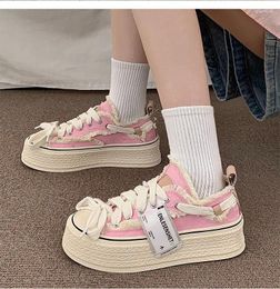 Casual Shoes Woman Thick Sole Frayed Laced Chic Sneakers Gothic Platform Tennis Women's Pink Canvas Chunky Trainers