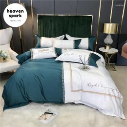 Bedding Sets Chic Embroidery Luxury Set King Size Duvet Cover Bed Sheet 600TC Egyptian Cotton Soft Silk Blue And White Doona Covers