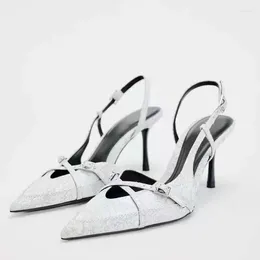 Dress Shoes TRAF ZAZA Summer Women White Slingback High Heels Sandals 2024 Stiletto Sexy Pumps Fashion Pointed End Shoesfor Woman Mules
