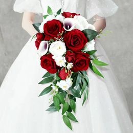 Decorative Flowers Large Wedding Bouquet White Calla Lily Wine Red Rose Artificial Waterfall Bridal For Anniversary