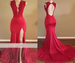 Red Prom Dresses Mermaid 2020 Sexy Deep V Neck High Split Formal Evening Dress Open Back Crystal Prom Gowns New Arrival6111746