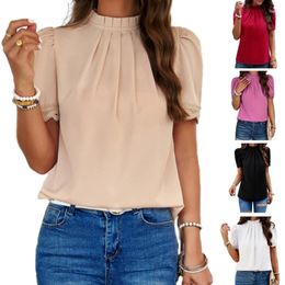 Women's T Shirts Sweet Tshirts For Womens Girls Summer Casual Top Short Sleeve Pleated Mock Neck Shirt Loose Blouse Tees