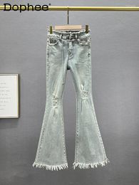 Women's Jeans Ripped Denim Bell-Bottom Pants 2024 Spring Summer High Waist Slimming Ins European Style Skinny Frayed