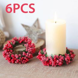 Decorative Flowers 6Pcs Red Berries Candle Ring Wreath Greenery Pillar Candleholder For Living Room Easter Table Thanksgiving Decorations