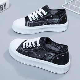 Casual Shoes Women Sequin Lace Woman Breathable Mesh Sneakers Flats Platform Canvas Loafers Comfort Shallow Walking Black